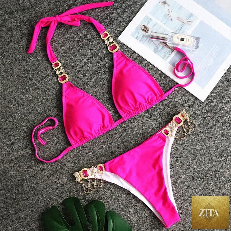 Luxury purple crystal diamond bikini set featuring halter top, low waist, tie sides, and rhinestone embellishments for women’s swimwear.