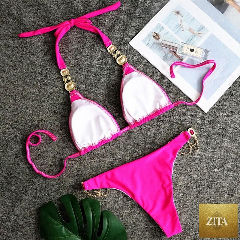 Luxury purple halter crystal diamond bikini set for women, featuring rhinestone accents, low waist, and tie side design by Stevvex.