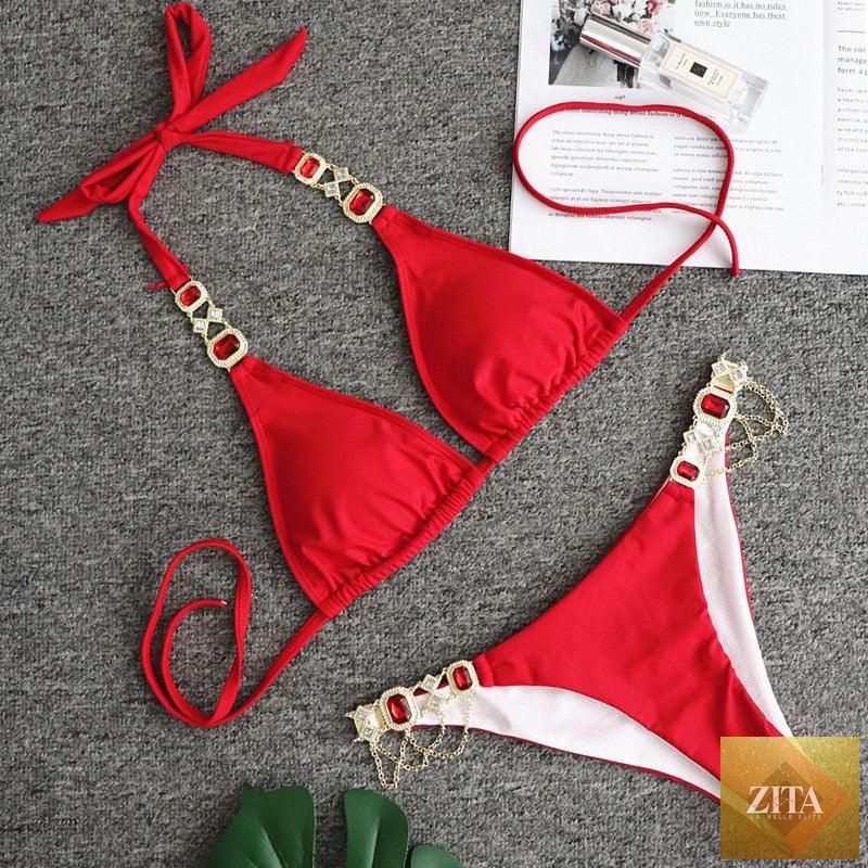 Luxury purple crystal diamond bikini set for women, halter style with rhinestones, low waist tie sides, two-piece swimwear by Stevvex