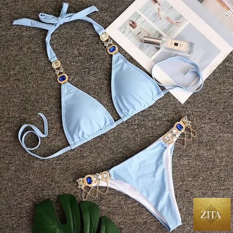 Stevvex luxury purple crystal diamond bikini set with halter top, low waist, tie sides, and rhinestone details for women’s swimwear.