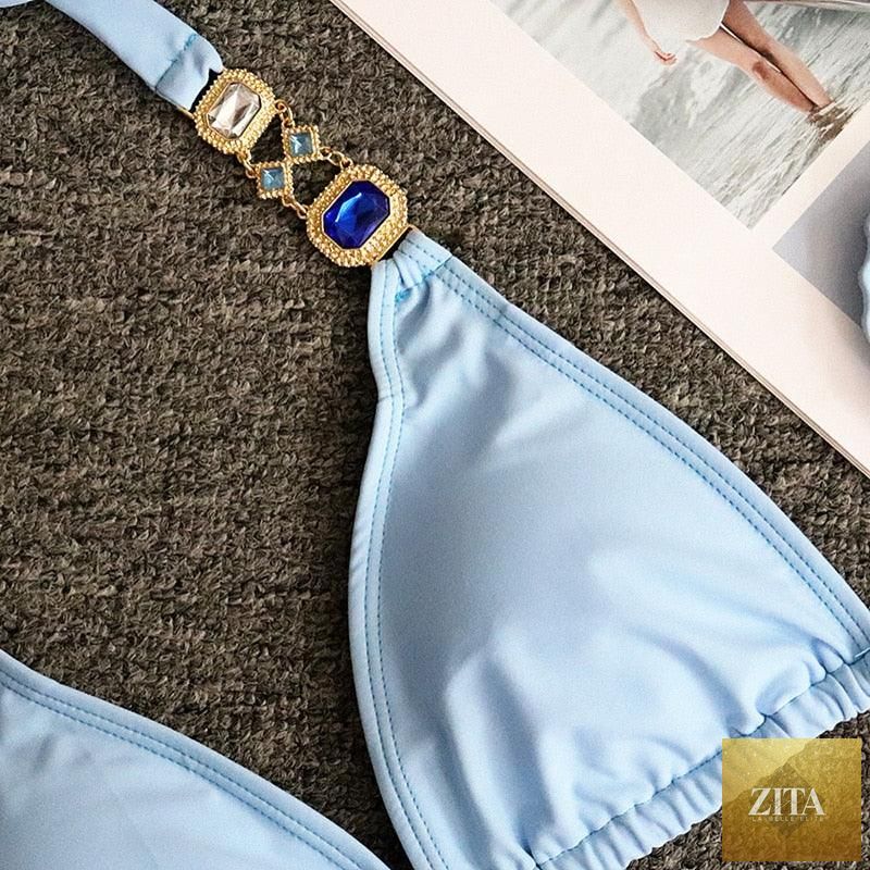 Luxury purple crystal diamond bikini for women, halter style with rhinestones, low waist tie side swimwear, Stevvex two-piece swimsuit