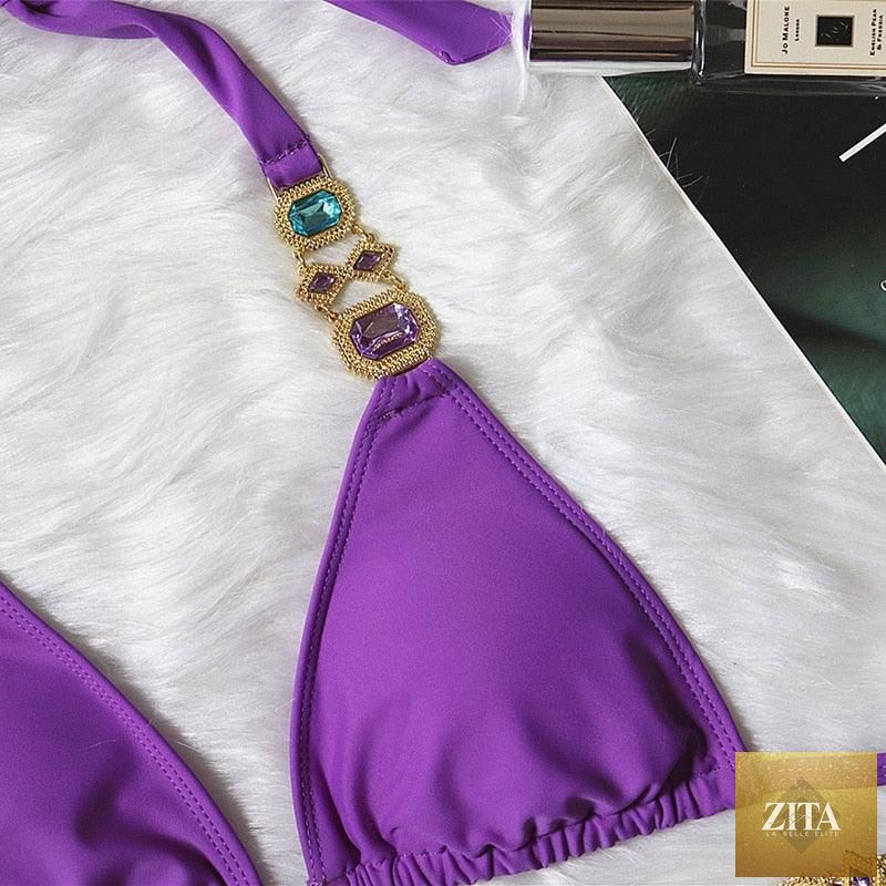 Luxury purple crystal diamond bikini set for women, halter style with low waist and tie side, Stevvex swimwear, two-piece bathing suit