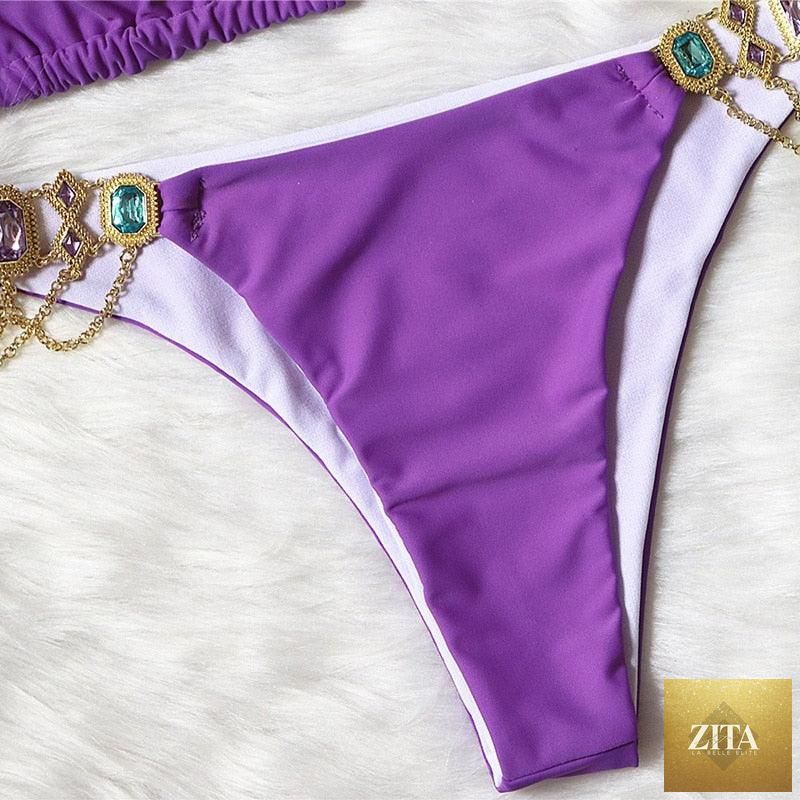 Luxury purple crystal diamond bikini set for women, halter style with rhinestones, low waist tie side swimwear by Stevvex.