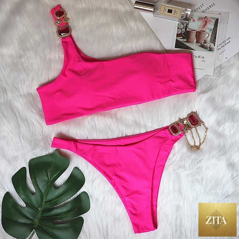 Luxury purple crystal diamond bikini set for women, halter style with low waist and tie side bottoms, made by Stevvex.