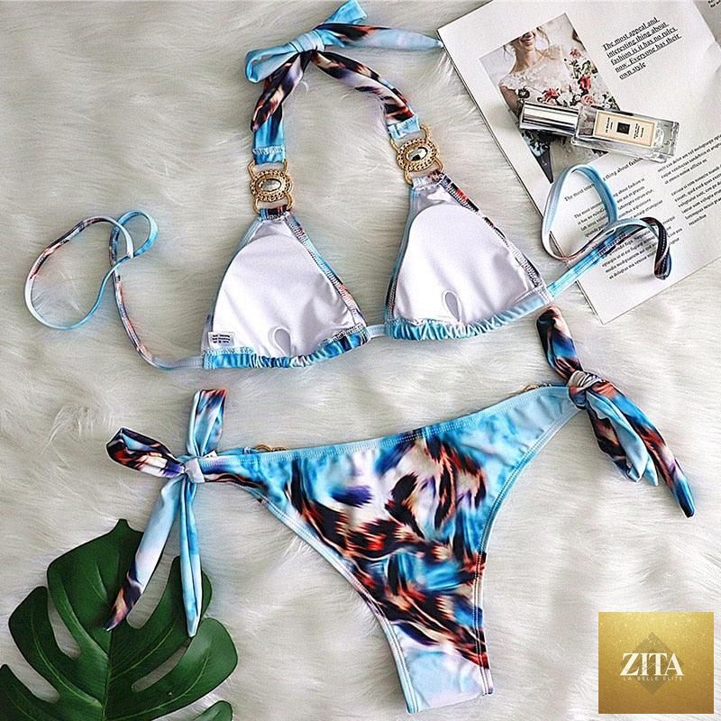Luxury purple crystal diamond bikini set for women, halter style with rhinestones, low waist tie sides, two-piece swimwear by Stevvex.