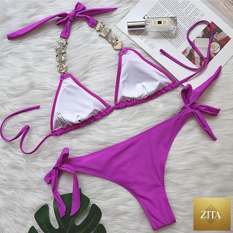Luxury purple Stevvex bikini set with crystal rhinestones, halter top, low waist, tie side bottoms, female swimwear, 2-piece swimsuit