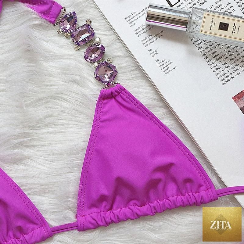 Luxury purple crystal diamond bikini set for women, halter style with rhinestones, low waist, tie side swimwear by Stevvex.