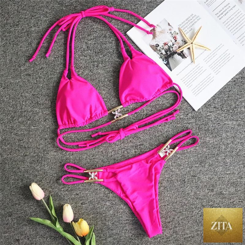 Luxury purple crystal diamond bikini set for women, halter style with rhinestones, low waist, tie sides, two-piece swimwear by Stevvex