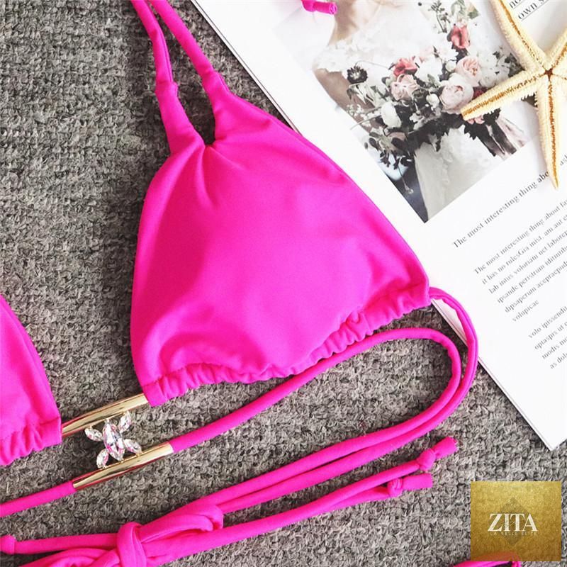 Luxury purple crystal diamond bikini set for women, halter style with low waist and tie sides, featuring rhinestone embellishments.
