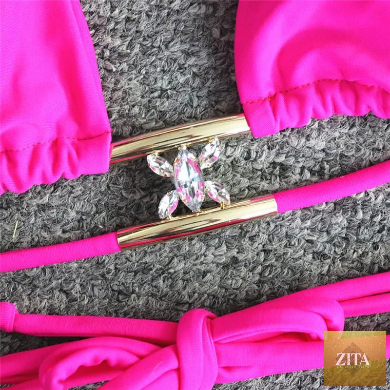 Luxury purple halter crystal diamond bikini for women, featuring rhinestone details, low waist, and tie-side design from Stevvex.