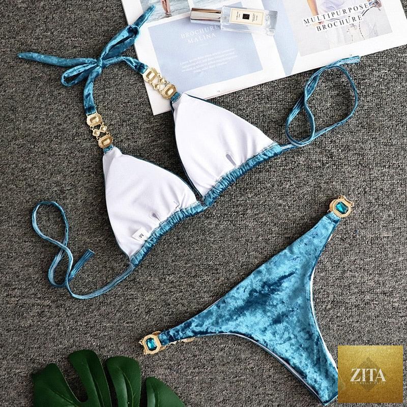 Luxury purple crystal diamond bikini for women, halter style with rhinestones, low waist, tie sides, two-piece swimwear by Stevvex