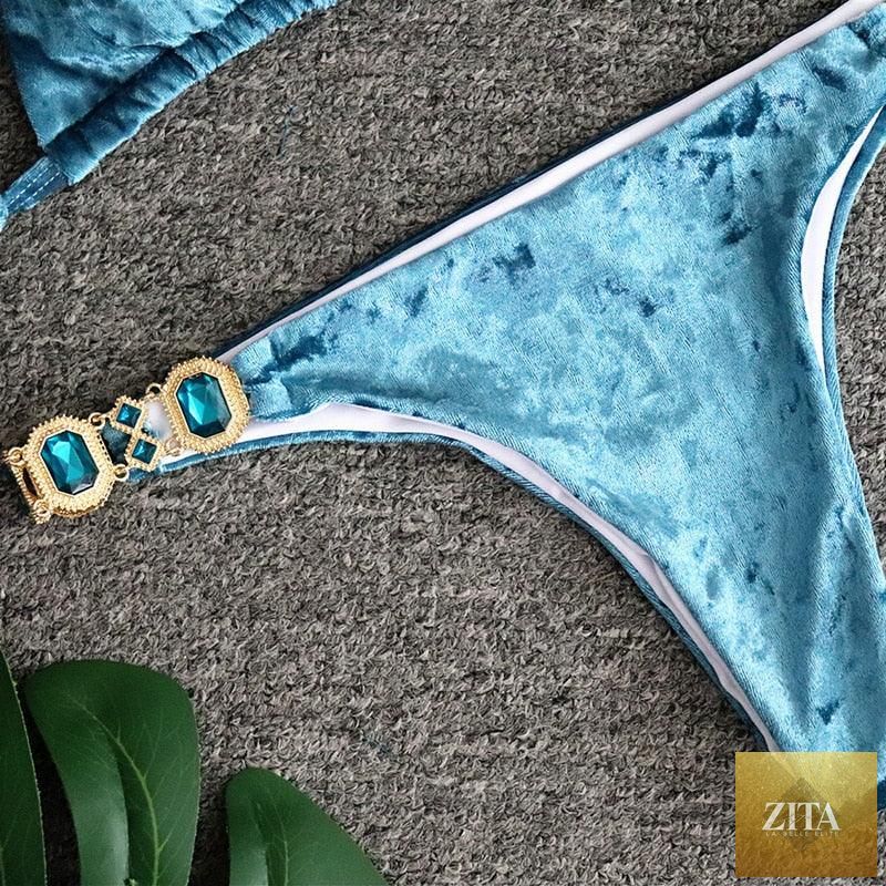 Luxury purple crystal diamond bikini set by Stevvex featuring halter top, low waist, tie sides, and rhinestone embellishments for women.