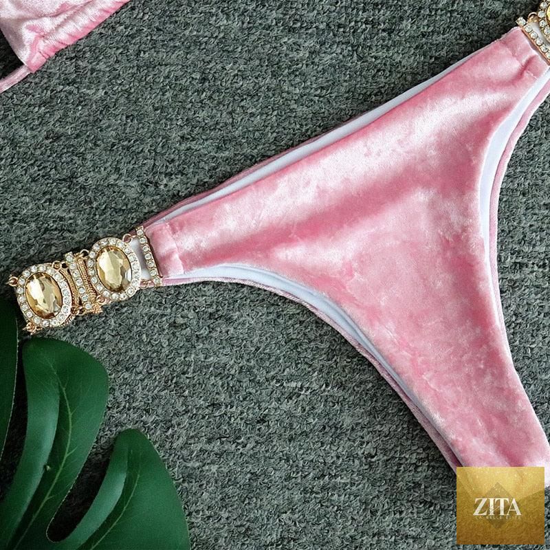 Luxury purple crystal diamond bikini set by Stevvex, halter style with rhinestones, low waist, tie side, two-piece swimwear for women.
