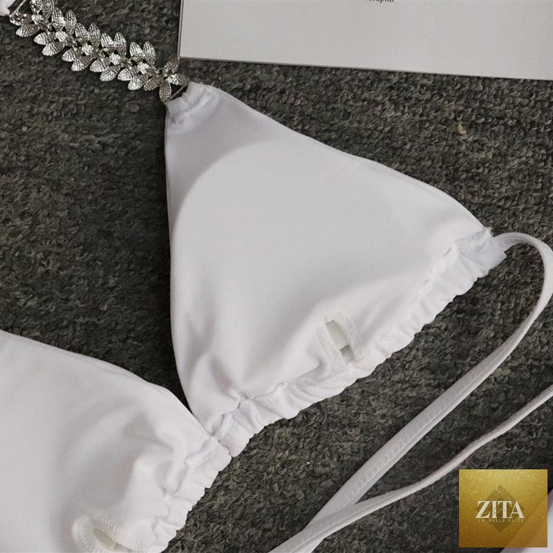 Stevvex purple crystal diamond bikini set with halter neck, low waist, tie-side bottoms, designed for women’s swimwear.