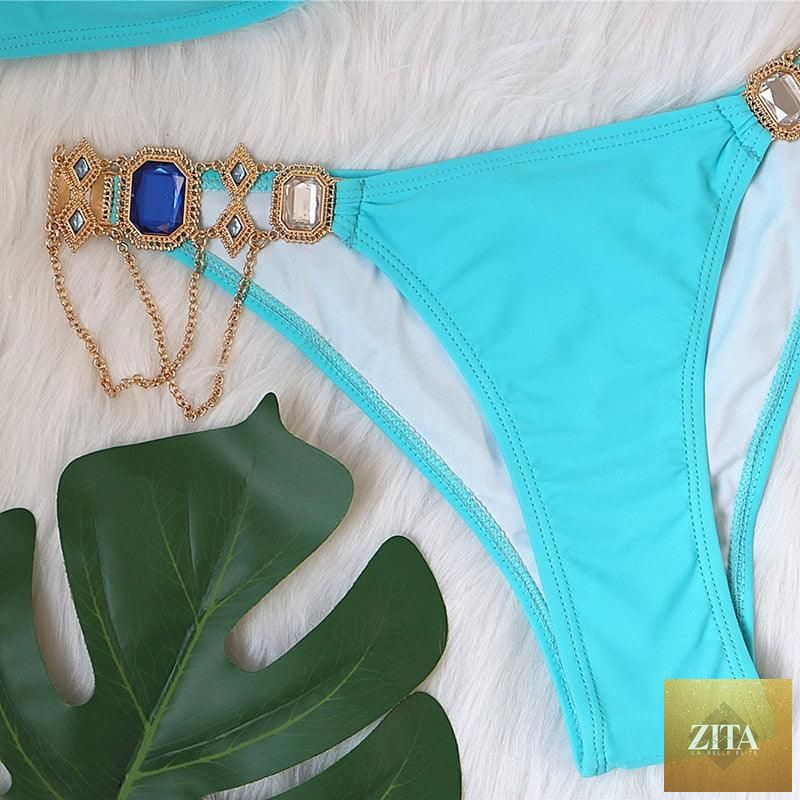Luxury purple crystal diamond bikini set for women, halter style with low waist and tie-side bottoms, stylish swimwear by Stevvex.