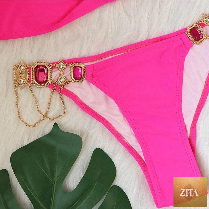 Luxury purple Stevvex bikini set featuring halter style, crystal diamonds, low waist, tie sides, and rhinestone embellishments for women.