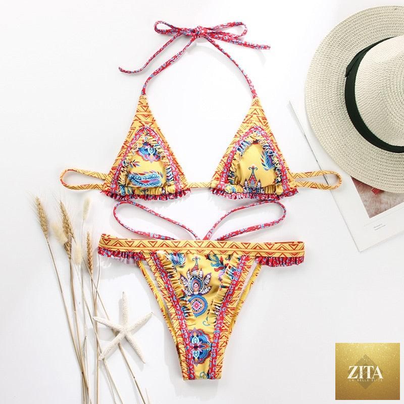 Vintage print female bikini by Stevvex, high-cut ruffle two-piece swimwear with halter and triangle top, stylish and luxurious.