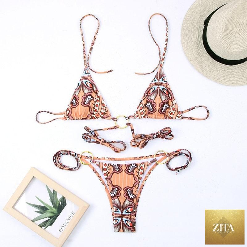 Vintage print female bikini by Stevvex, high-cut ruffle two-piece swimsuit with halter and triangle top, stylish swimwear for women.