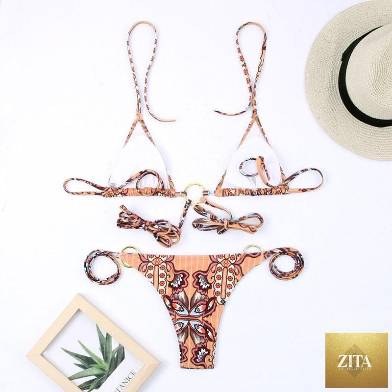 Vintage print female bikini by Stevvex, high-cut ruffle two-piece swimwear with halter and triangle design, stylish and luxurious.
