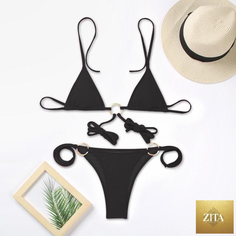 Vintage print Stevvex female bikini with ruffles, high cut, halter neck, triangle top, two-piece swimwear for women.