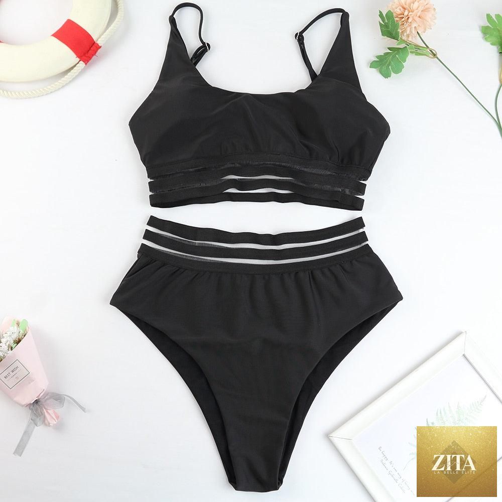 Stevvex luxury women’s black high waist bikini with bandage design, two-piece swimsuit, push-up style, perfect for beach or swimming.