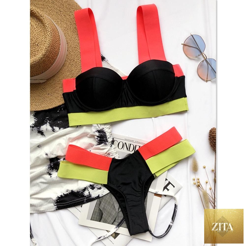 Black high-waist women's bikini set by Stevvex featuring a push-up design, two-piece swimsuit with bandage style for beachwear.