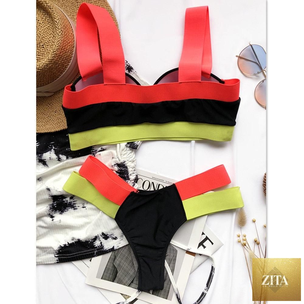 Stevvex luxury women's black high waist bikini set with push-up design, two-piece bandage swimsuit for beach and swimming.