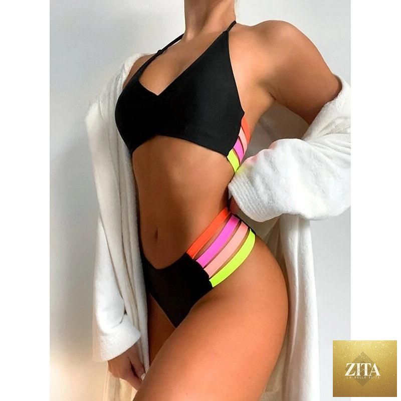 Stevvex luxury women’s black high waist bikini set with push-up design, two-piece bandage swimsuit for beach and swimming.