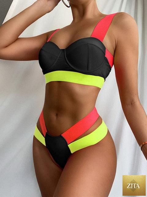 Stevvex luxury women's black high-waist bikini set featuring a two-piece bandage swimsuit with push-up design and beach-ready style.