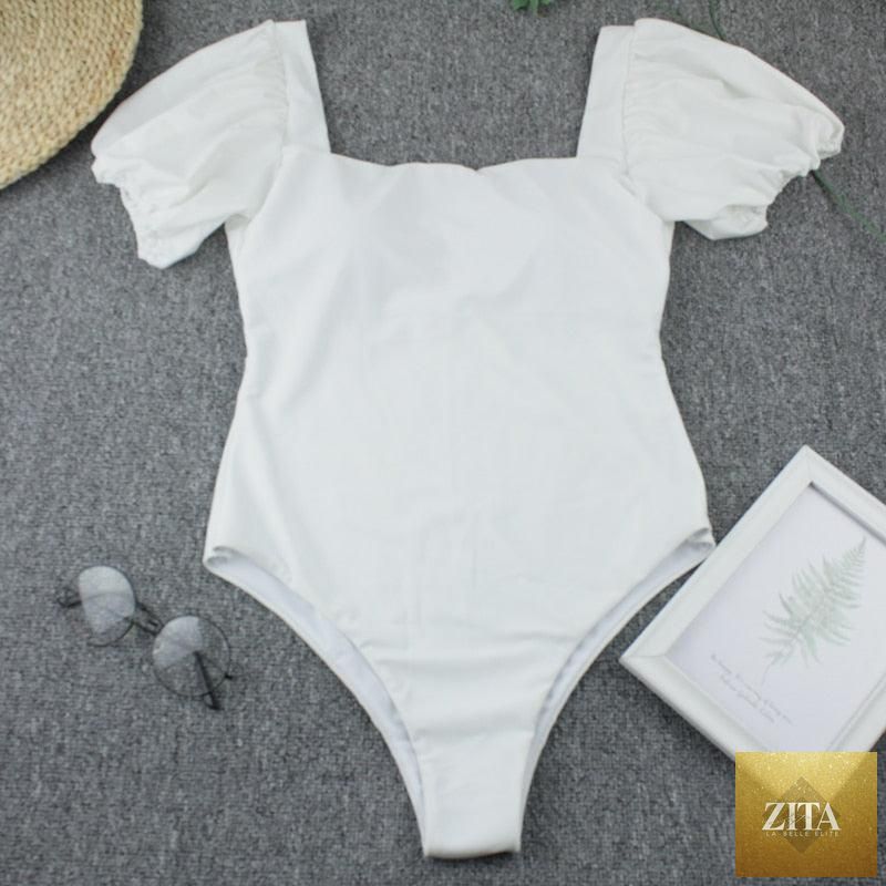 Stevvex women's high waist bikini set with puff sleeves, solid color, backless design, perfect for summer beachwear.