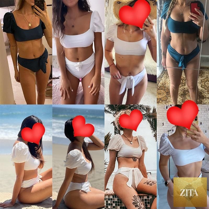 Stevvex women’s high waist bikini set with puff sleeves, solid color, backless design, perfect for summer beachwear and swimming.