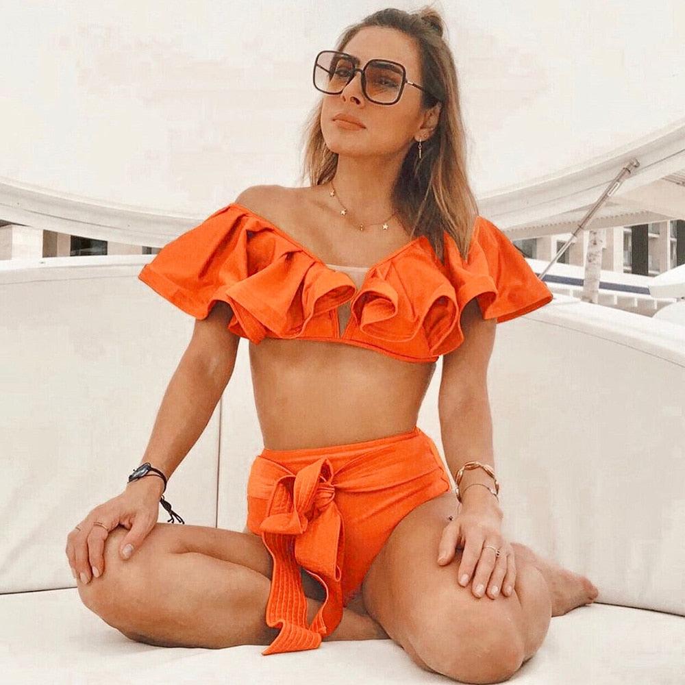 Stevvex two-piece women's push-up padded bikini set with ruffles, bandage design, low-rise swimwear, perfect for beachwear.
