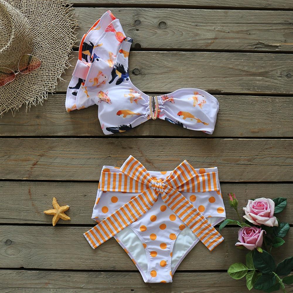 Stevvex two-piece women's push-up padded ruffled bikini set with low-rise bandage design, perfect for beachwear and swimming.