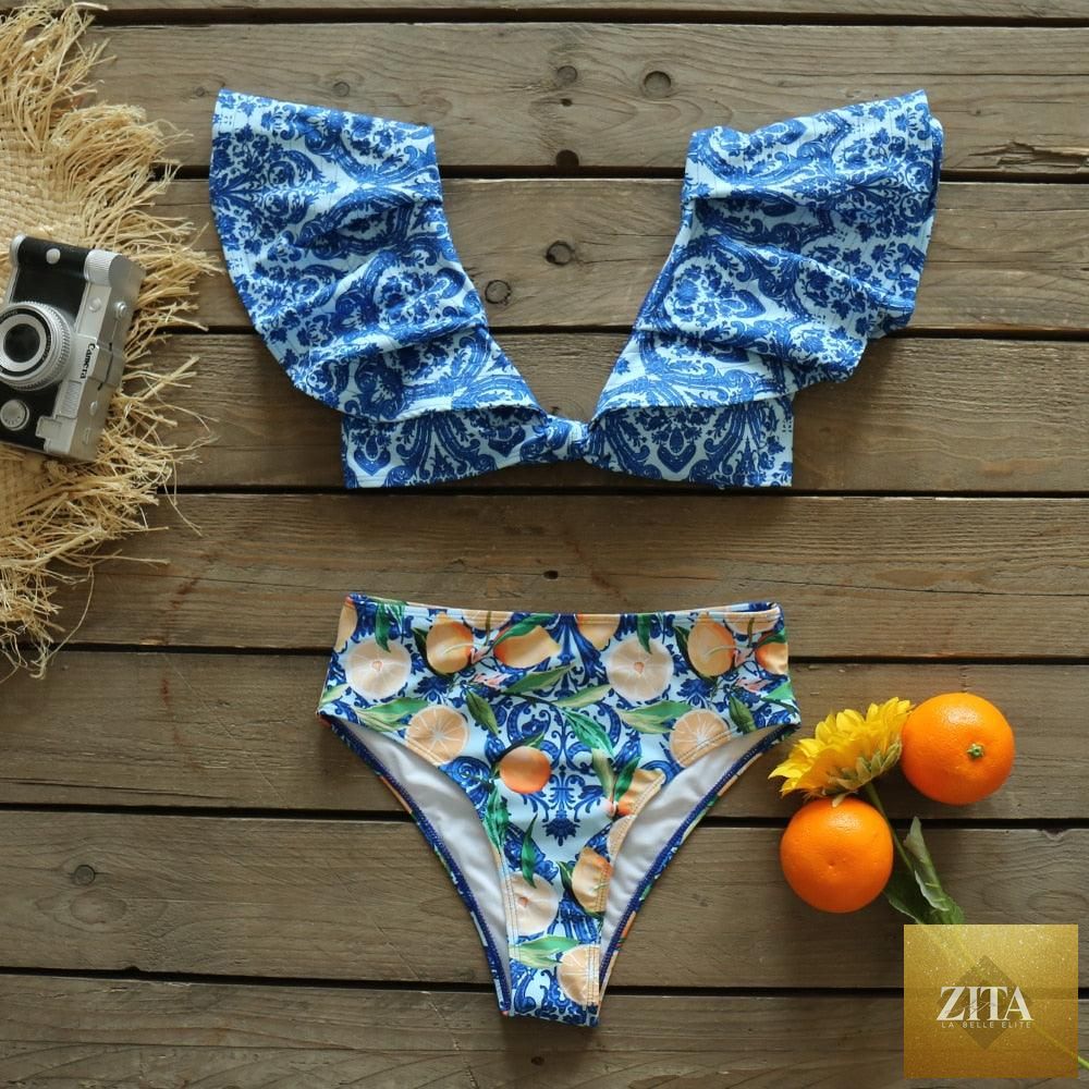 Stevvex two-piece women’s push-up padded bikini set with ruffles, low-rise bandage style swimwear for beach or pool.