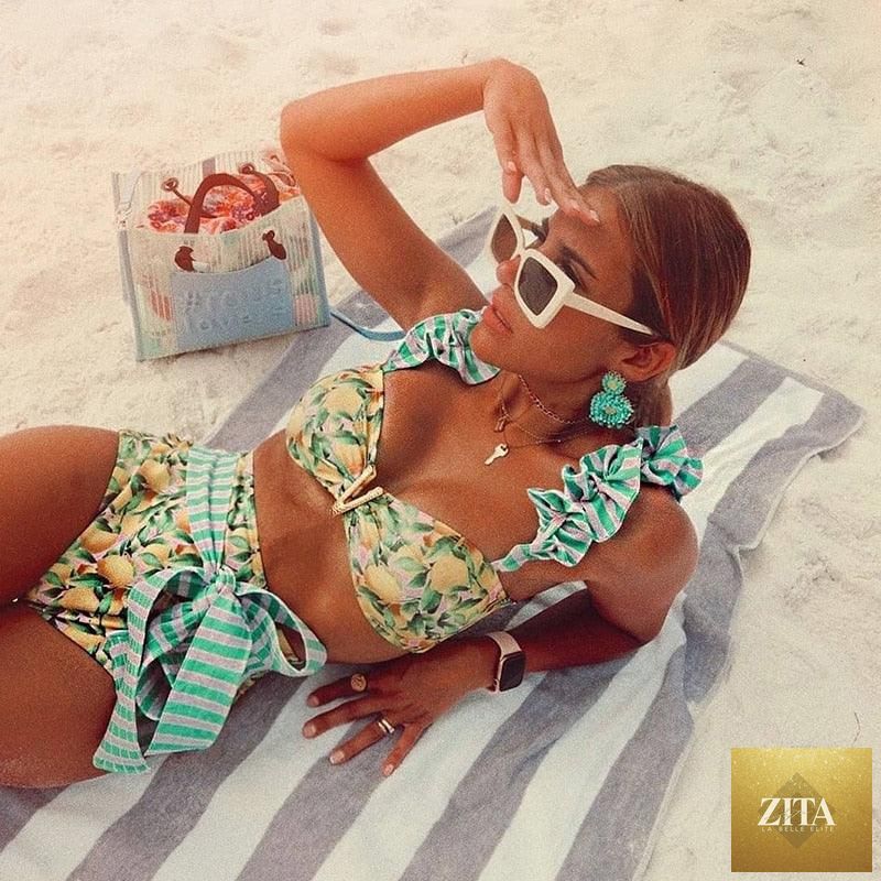 Stevvex two-piece women's push-up padded bikini set with ruffles, low-rise bandage style, perfect for beachwear and swimming.