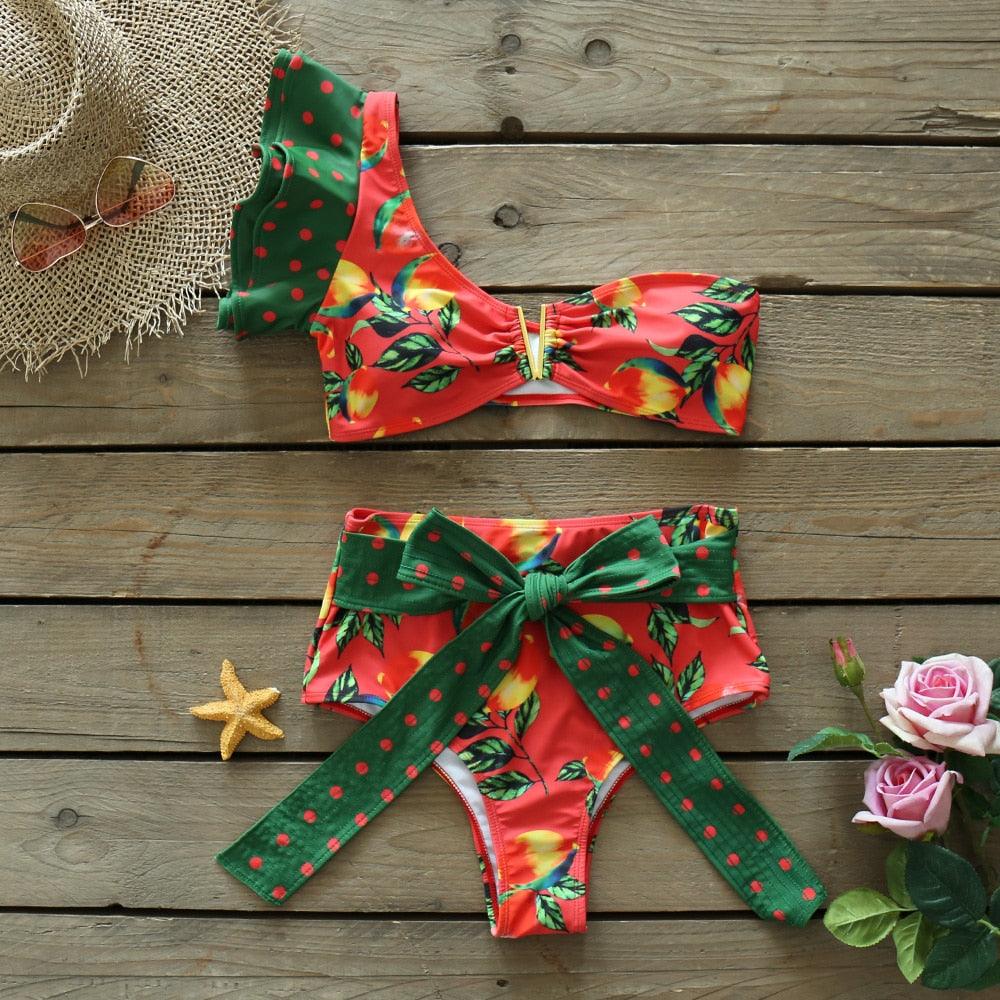 Stevvex two-piece women's push-up padded bikini set with ruffles, bandage design, low-rise swimwear, ideal for beach or pool.