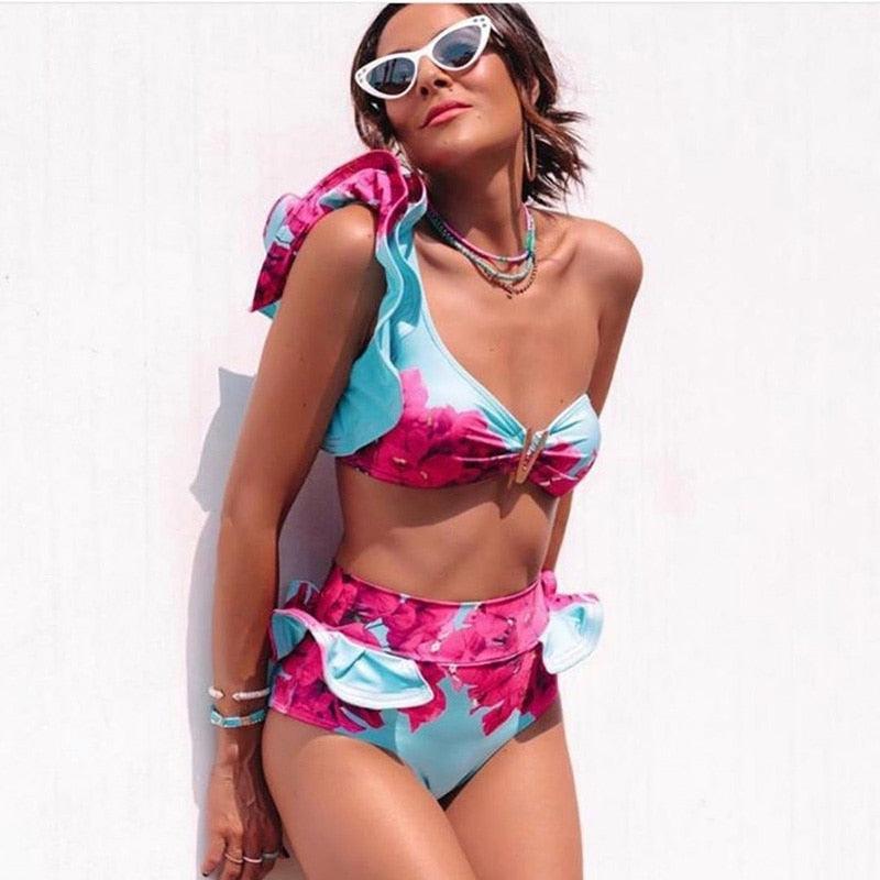 Stevvex two-piece women’s push-up padded bikini set with ruffles, low-rise bandage swimwear, perfect for beachwear and swimming.