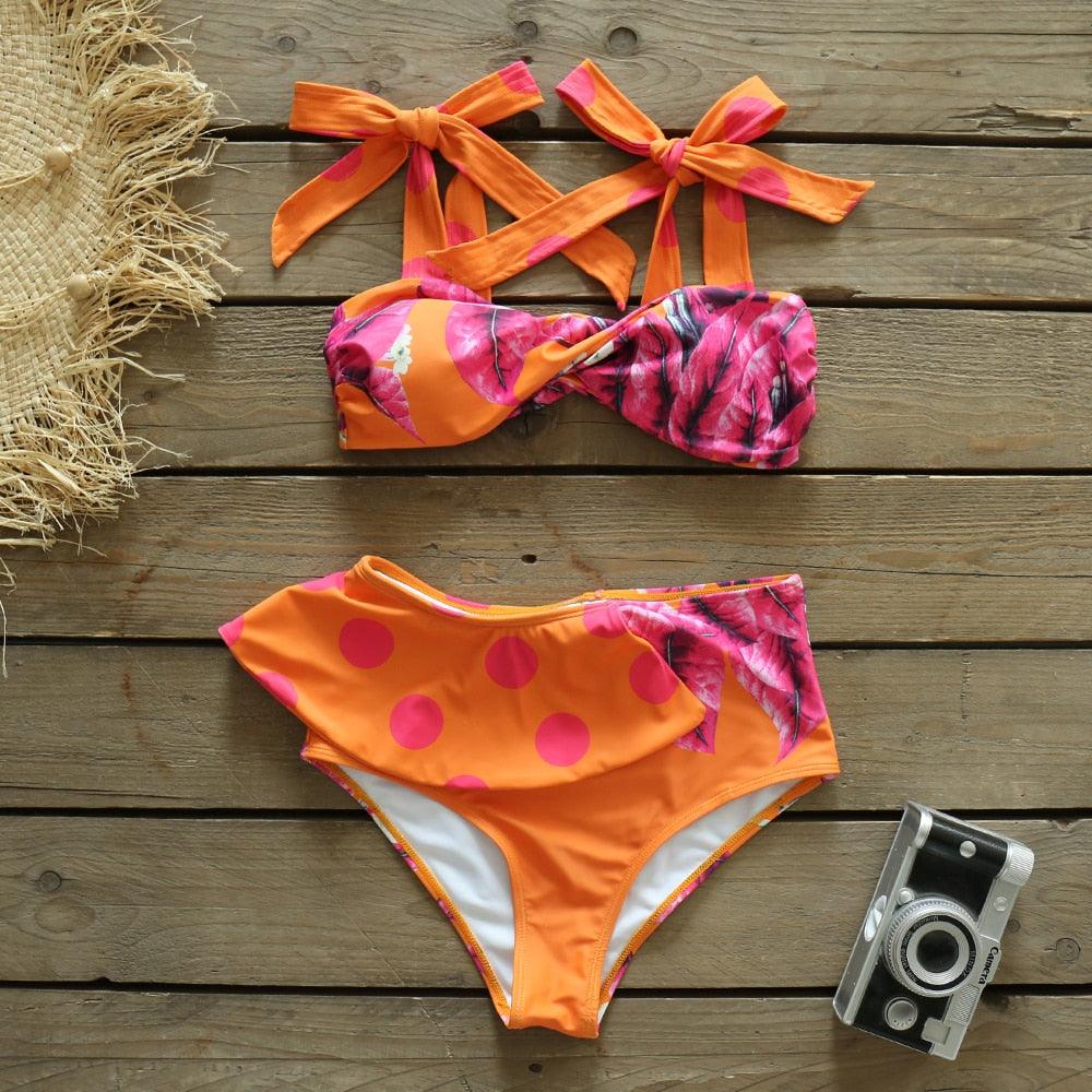 Stevvex two-piece women’s push-up padded bikini set with ruffles and bandage design, low-rise swimwear for beach and pool.