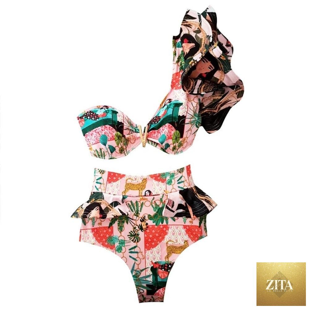 Stevvex two-piece women’s push-up padded bikini set with ruffles, low-rise bandage style swimsuit, ideal for beachwear and swimming.