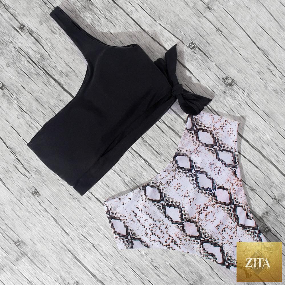 Women leopard print bikini by Stevvex featuring one shoulder top and high waist bottoms, perfect for summer beachwear.