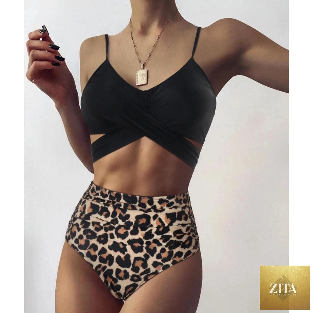 Women leopard print bikini by Stevvex featuring one shoulder top and high waist bottoms, perfect for summer beachwear.