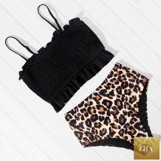 Women leopard print swimsuit by Stevvex featuring a one-shoulder bikini top and high-waist bottoms for summer beachwear.