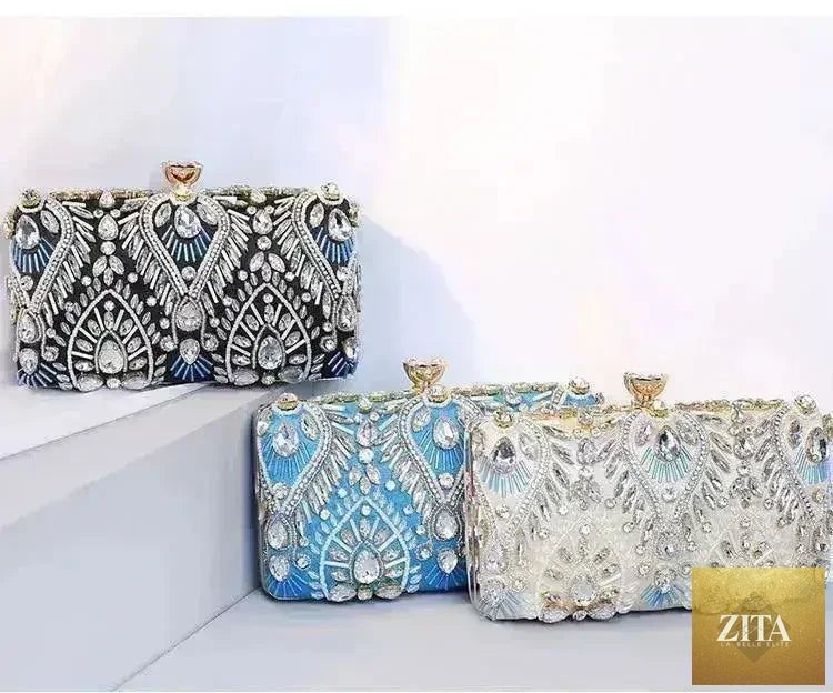Femstylo diamond rhinestone clutch handbag with a luxurious evening minaudière design, featuring sparkling stones and elegant craftsmanship.