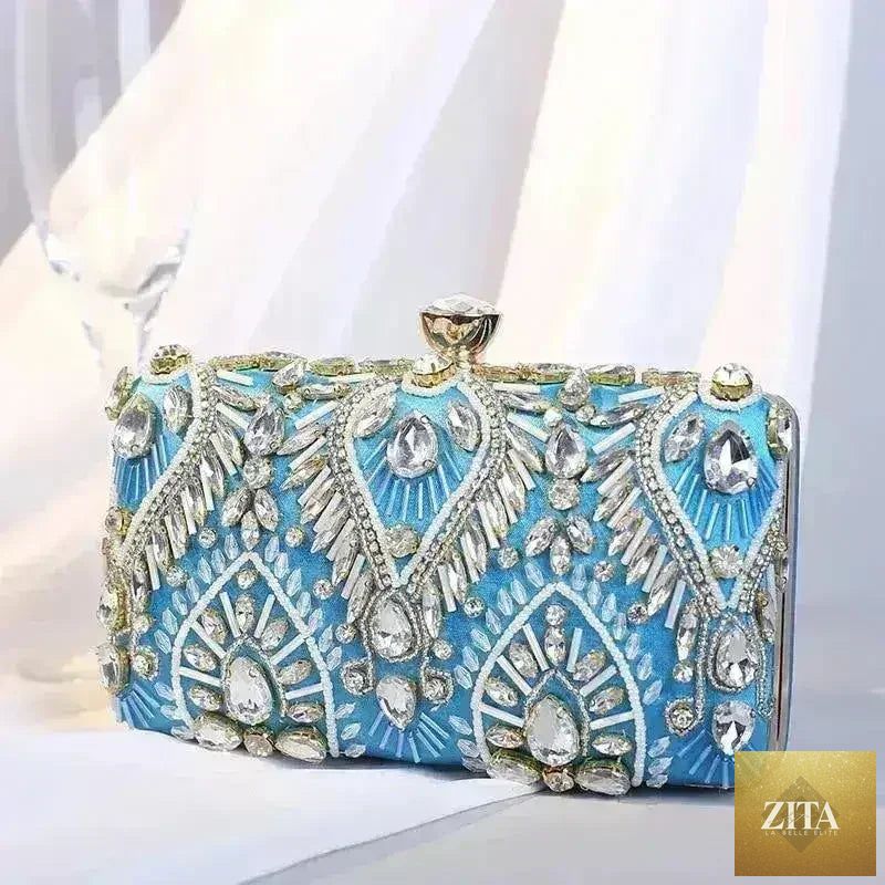 Femstylo diamond rhinestone clutch handbag with luxury evening minaudière design, featuring sparkling rhinestones and elegant structure.