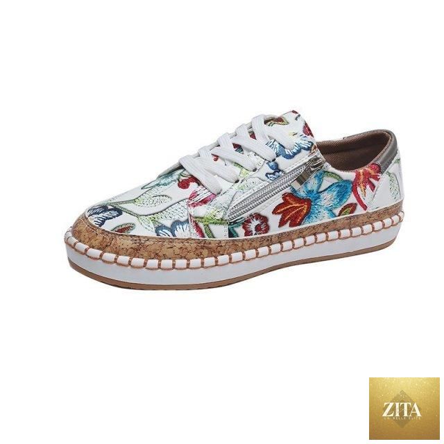 White women's casual sneakers with colorful flower print, lace-up design, ideal for summer walking and sports by Stevvex.