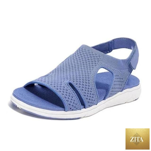Blue Stevvex women's summer sandals with buckle strap, open toe slip-on flats, casual beach style, modern square toe design