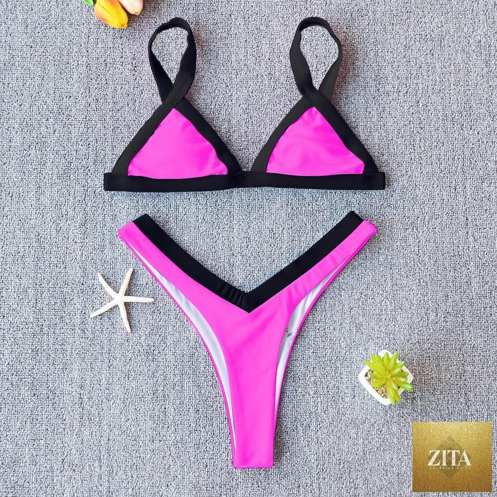 Stevvex solid bikini swimsuit for women featuring patchwork design, push-up top, high-leg cut, halter style, ideal for summer beach swimming.