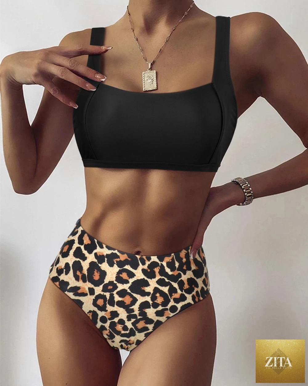 Women leopard print bikini from Stevvex featuring one-shoulder top and high-waist bottoms, perfect for summer beachwear and swimming.