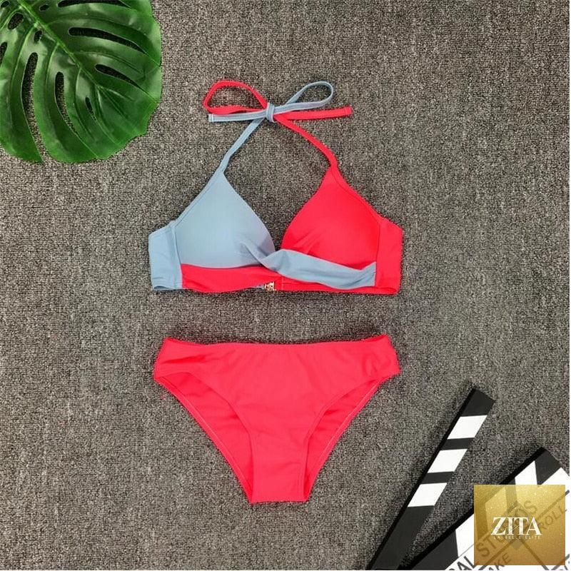 Stevvex bikini pad push-up swimwear for women, two-piece halter bandage swimsuit with supportive cups, summer beachwear.