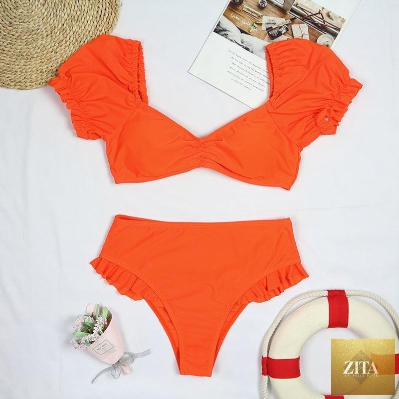 Stevvex women's high waist bikini set with puff sleeves, solid color, backless design, perfect for summer beachwear and swimming.